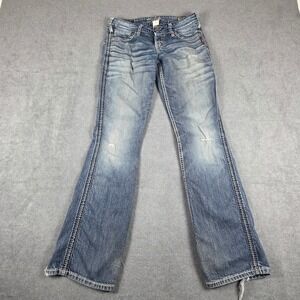Silver Jeans Twisted Bootcut Womens W26 L33 Blue Good Distressed Thick Stitch